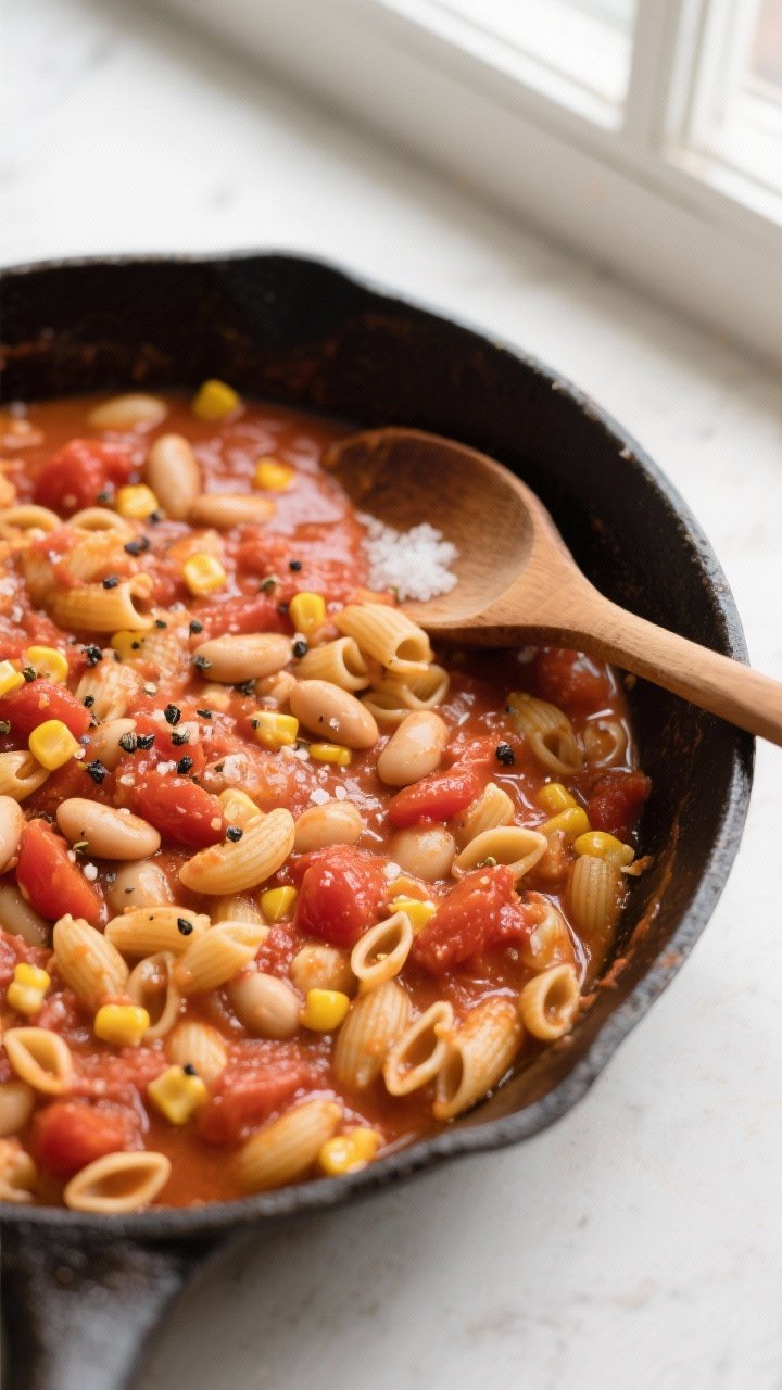Tasty top view — One-skillet tomato-bean-pasta simmer: Overhead shot of small pasta (ditalini and 