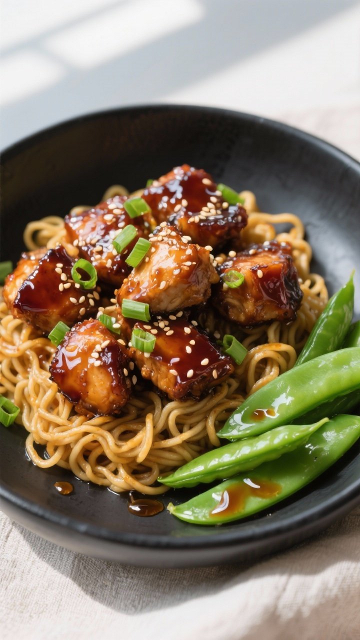 Tasty top view, overhead: Honey-Soy Sticky Bites arranged in a shallow matte-black bowl over glossy 