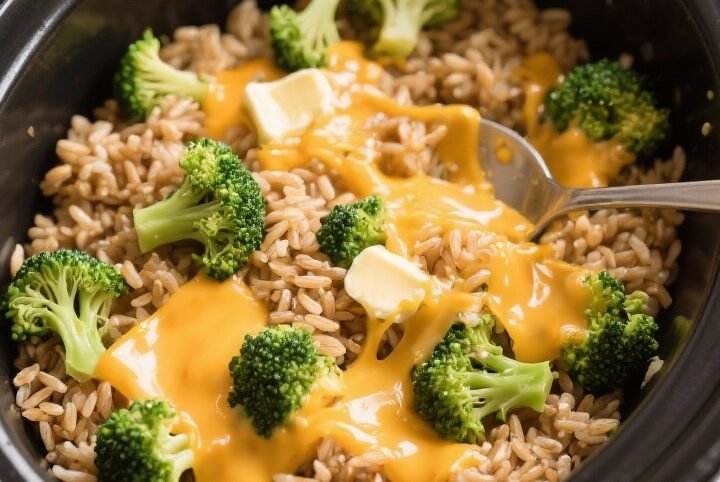 Tasty top view: Overhead shot of Cheesy Broccoli Rice just stirred in the slow cooker; fluffy brown