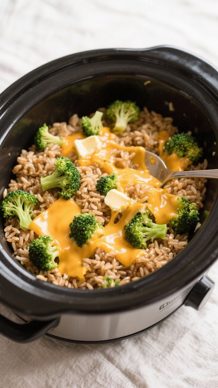 Tasty top view: Overhead shot of Cheesy Broccoli Rice just stirred in the slow cooker; fluffy brown 