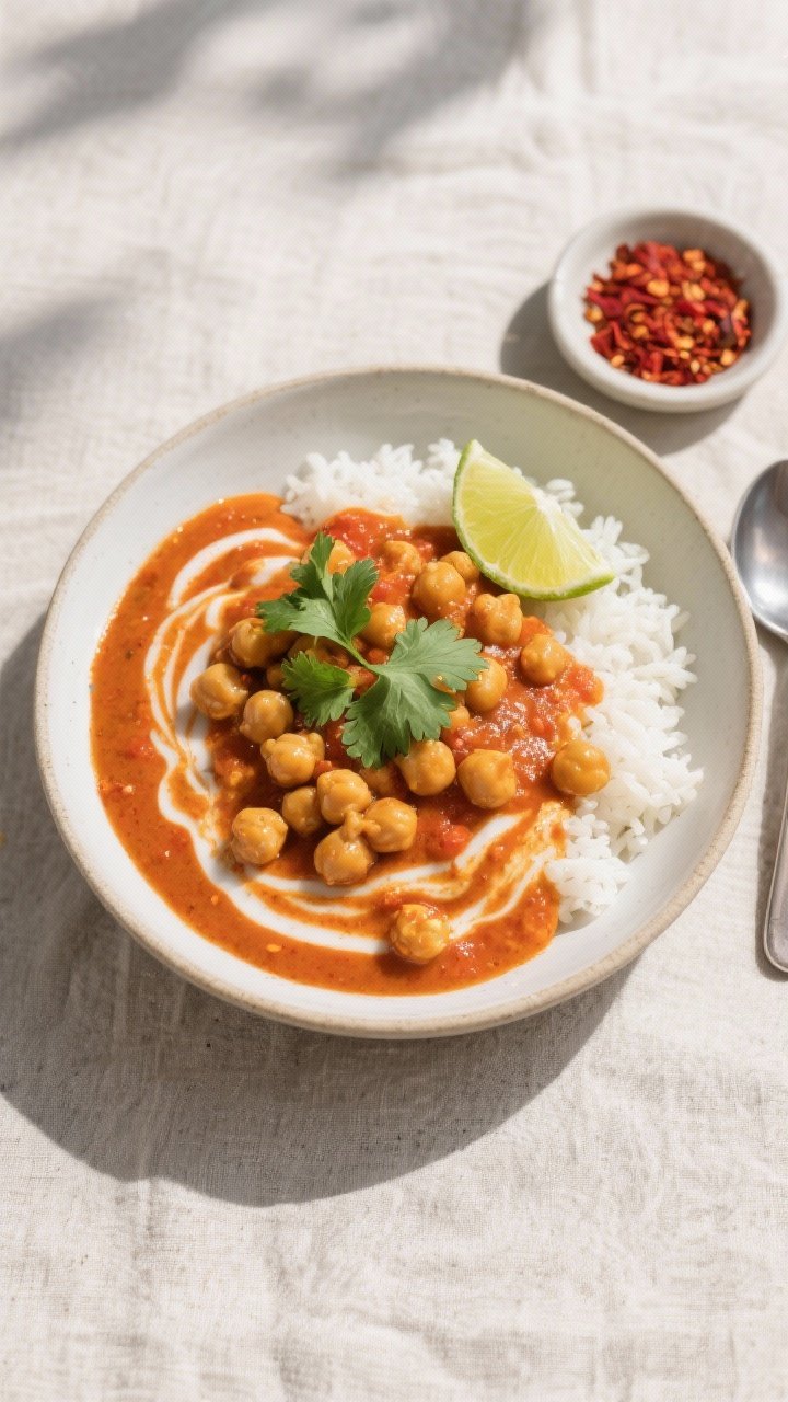 Tasty top view: Overhead shot of chickpea curry served over white rice, thick tomato-coconut sauce c