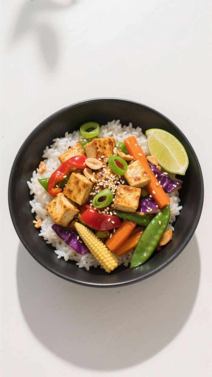 Tasty top view: Overhead shot of rainbow veggie and tofu stir-fry served over fluffy jasmine rice in