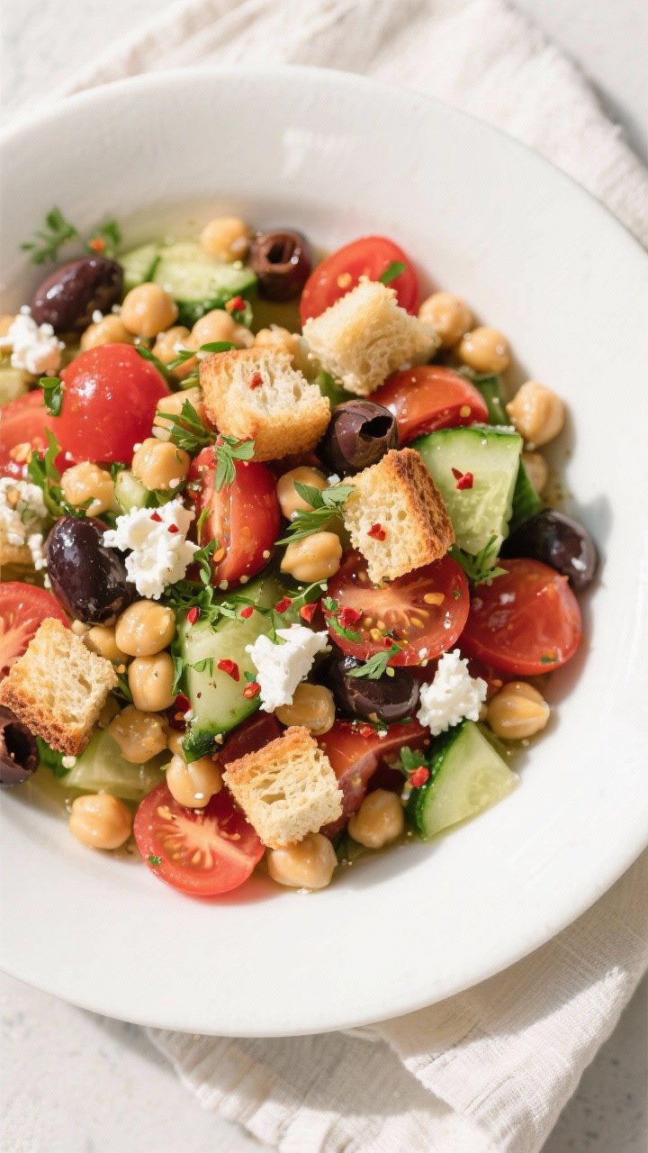 Tasty top view: Overhead shot of the assembled Mediterranean Chickpea Panzanella Bowl, showing a vib