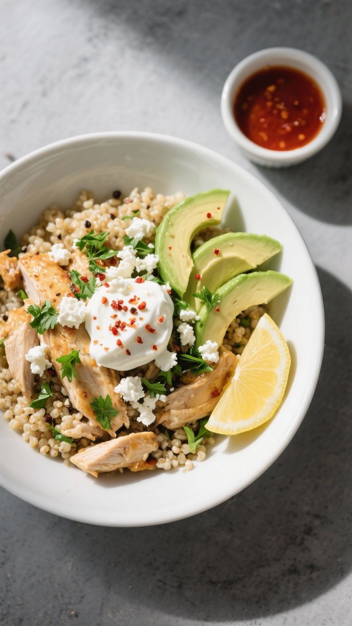 Tasty top view: Overhead shot of the final Healthy Instant Pot chicken and quinoa bowl, garnished wi