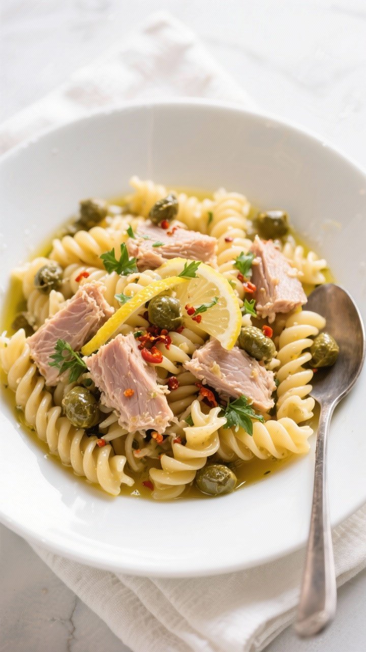 Tasty top view: Overhead shot of Tuna, Caper & Chili Fusilli plated in a wide white bowl—spirals c