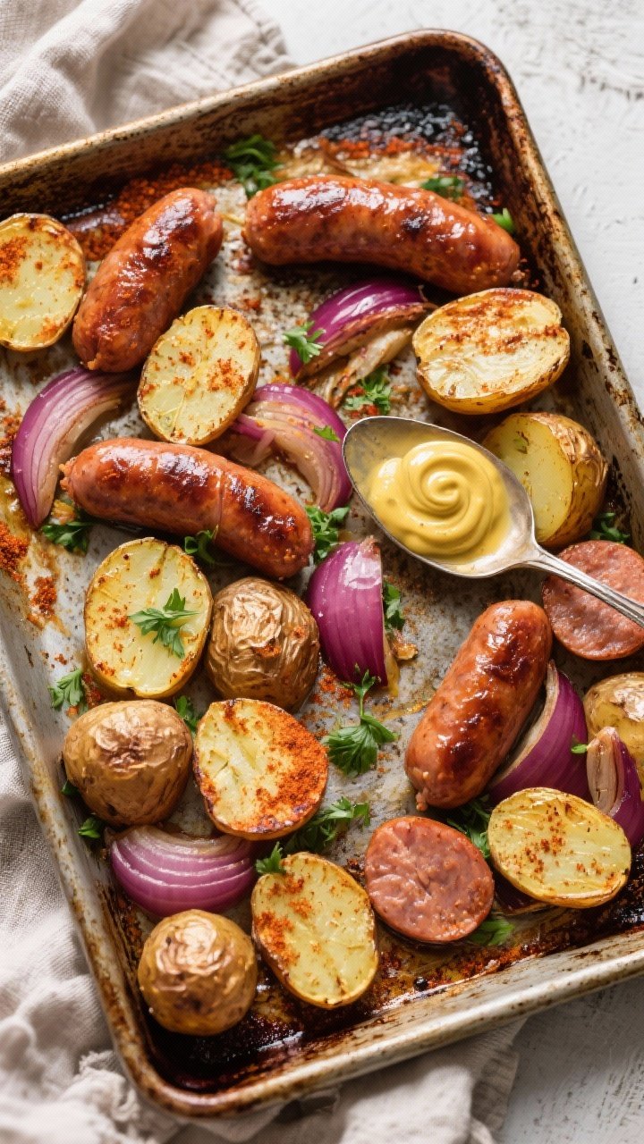 Tasty top view: Smoky Sheet-Pan Sausage & Potatoes fresh from the oven—halved baby potatoes with b
