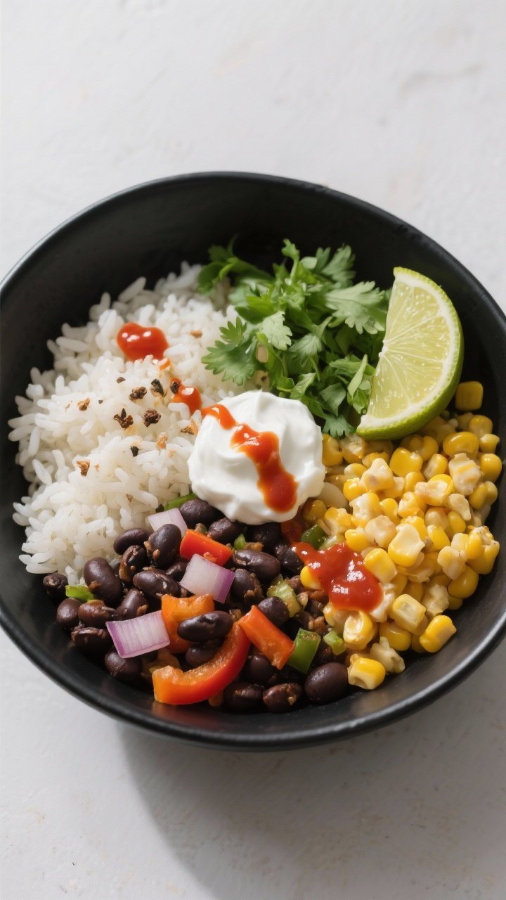 Tasty top view: Taco bowl arranged in sections in a matte black bowl—fluffy white rice, cumin-chil