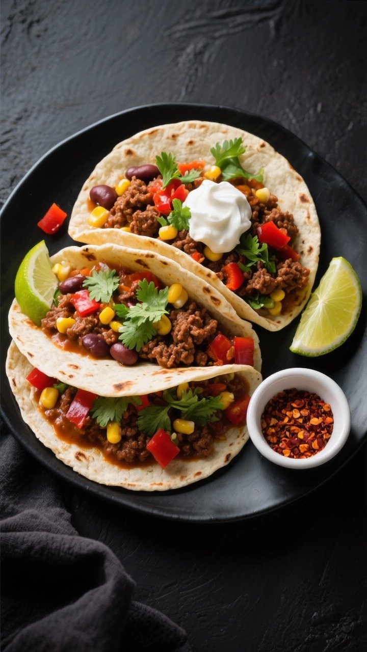 Tasty top view: Tex-Mex variation loaded into warm tortillas on a matte black platter—saucy beans,