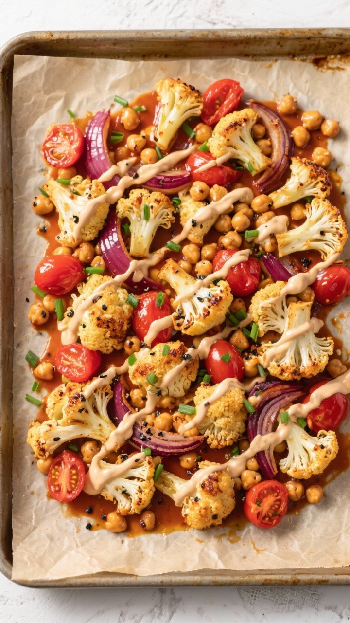 Tasty top view variation: Overhead sheet-pan spread of Harissa Chickpeas & Cauliflower (Vegan) from