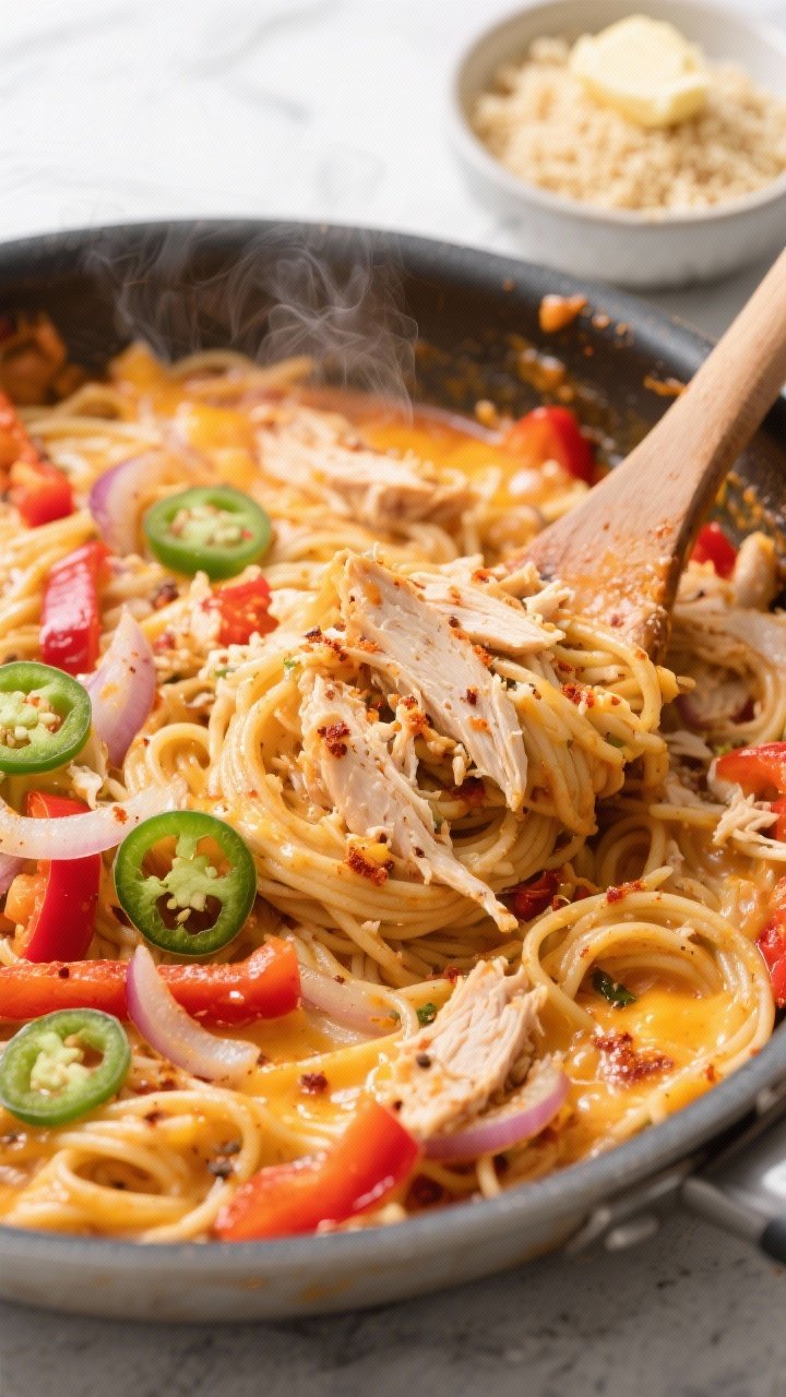 5 cups shredded cheddar/pepper jack swirled in, flecks of smoked paprika, cayenne, and cumin visible