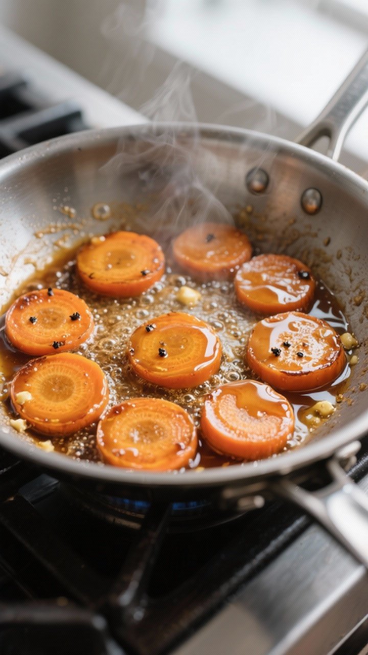 Close-up cooking process: Tender-crisp carrot coins sizzling in a wide stainless skillet mid-glaze, 