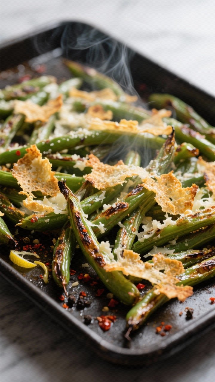 Close-up detail, cooking process: Crispy garlic Parmesan roasted green beans sizzling on a preheated