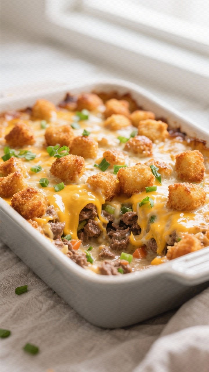 Close-up detail shot: A bubbling 9x13 casserole just pulled from the oven, showing deeply golden, ex