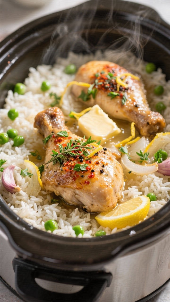 Close-up detail shot of slow cooker lemon herb chicken nestled over just-cooked, fluffy long-grain r