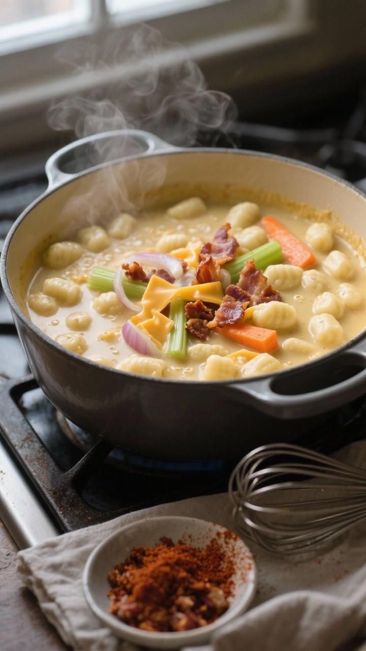 Cooking process: A Dutch oven at a gentle simmer with cooked potato gnocchi just floating in a velve