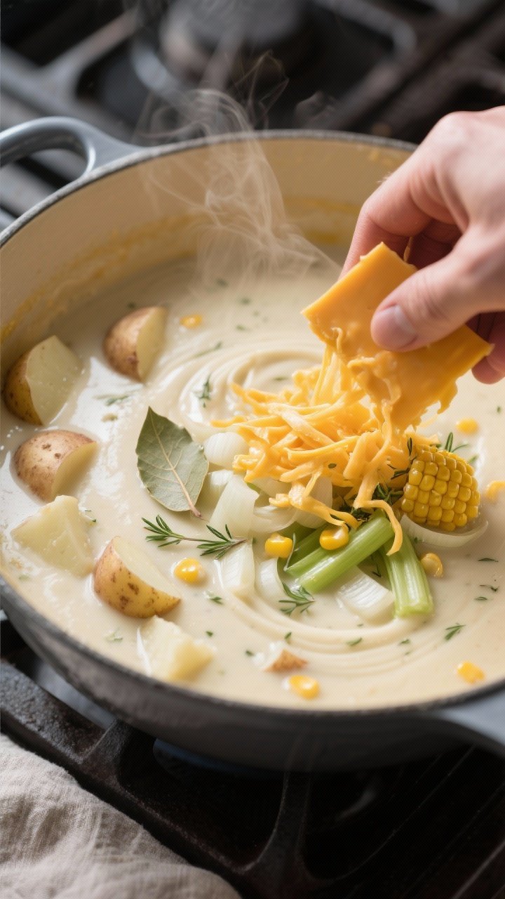 Cooking process, close-up detail: A Dutch oven of creamy potato soup mid-simmer, showing tender Yuko