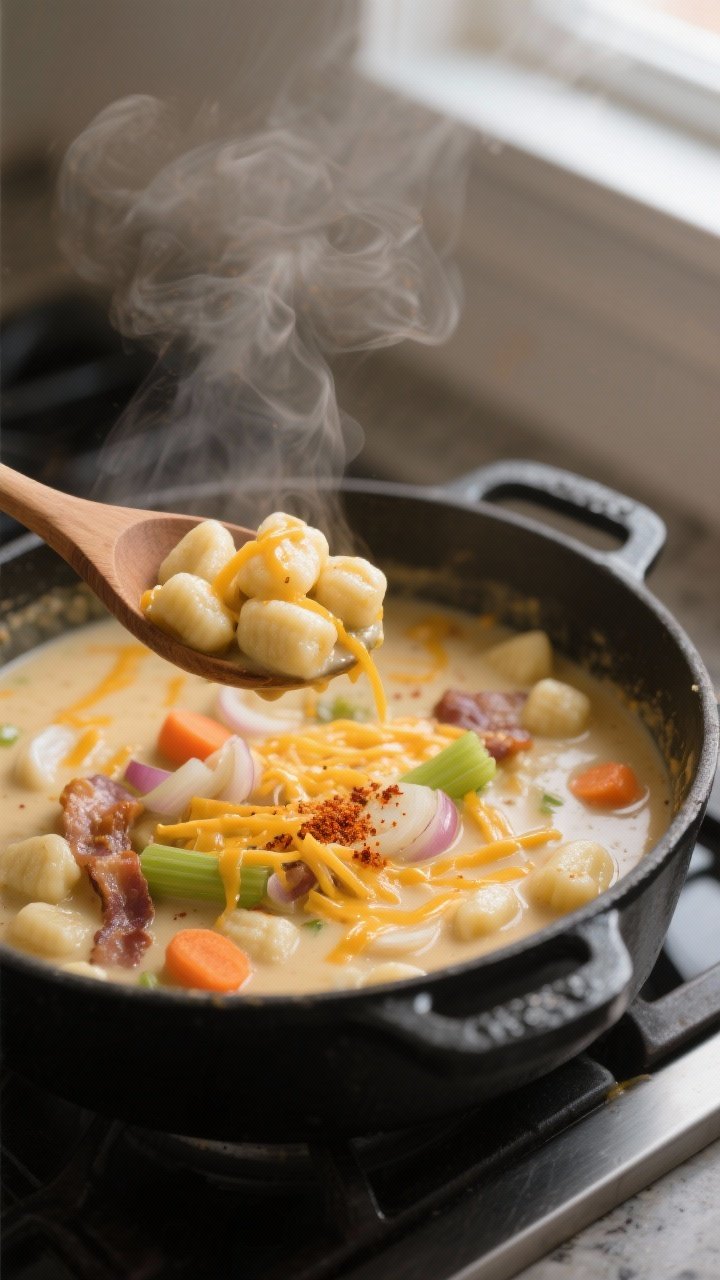 Cooking process, close-up detail: In a matte black Dutch oven, a velvety cheddar-streaked soup base 