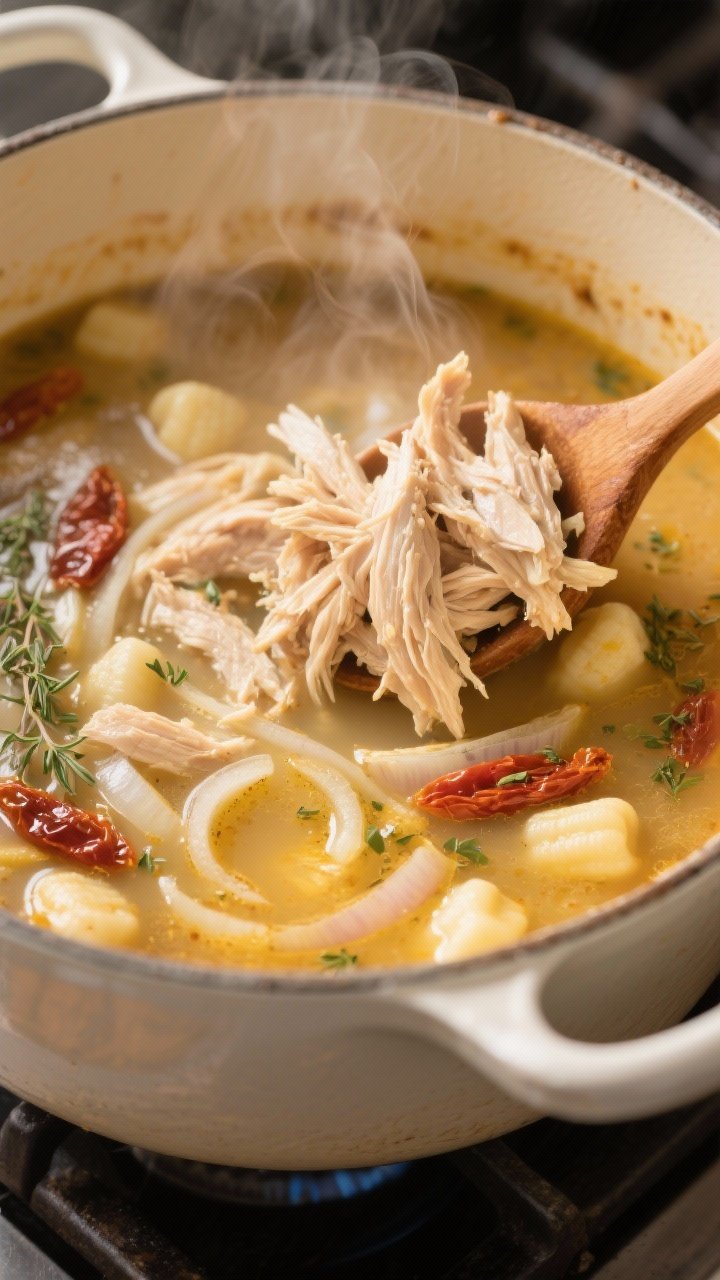 Cooking process, close-up detail: Shallow-depth close-up of shredded chicken being returned to a sim