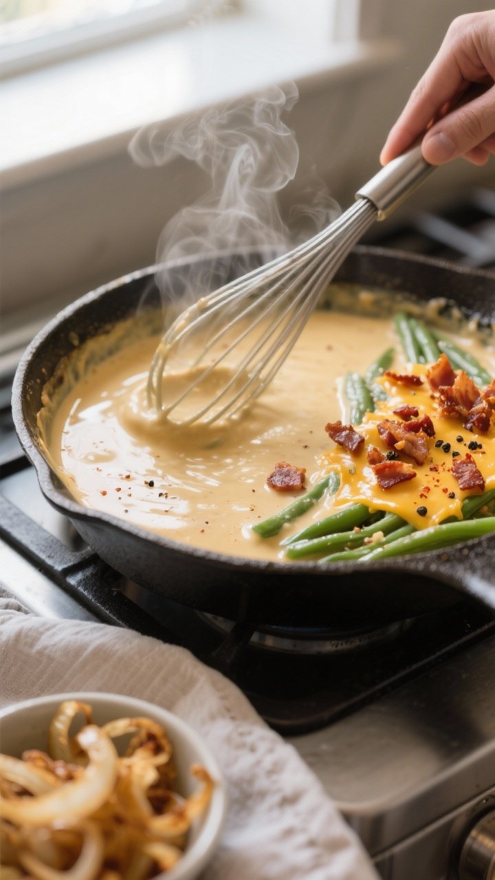 Cooking process close-up: In a cast-iron skillet, the velvety homemade sauce for Southern green bean