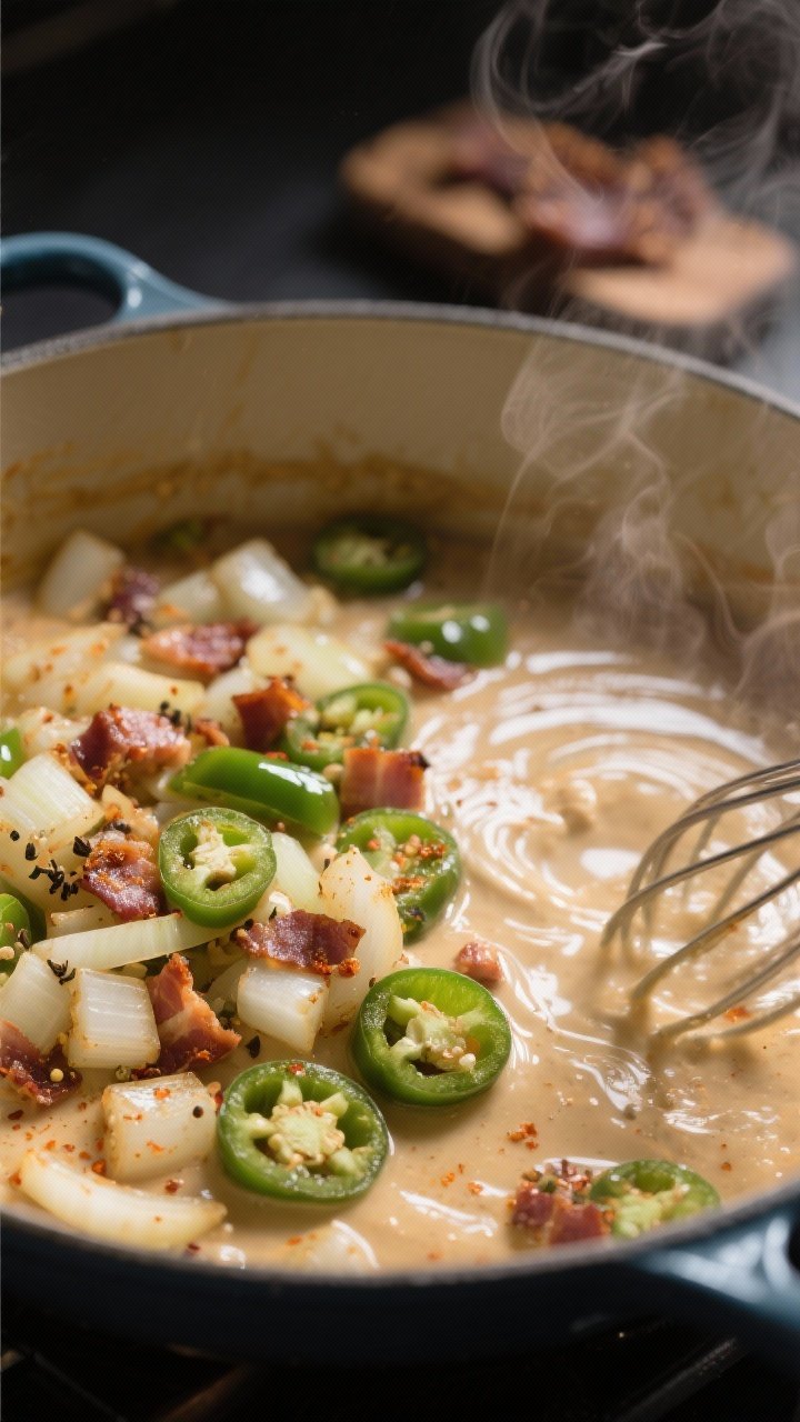Cooking process close-up: Sautéed onion and blistered jalapeño mixture in a Dutch oven right after