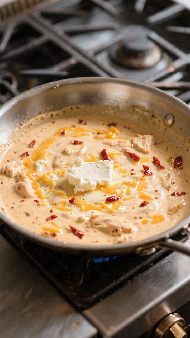 Cooking process, overhead shot: Large stainless skillet on a stovetop with natural side light, showi
