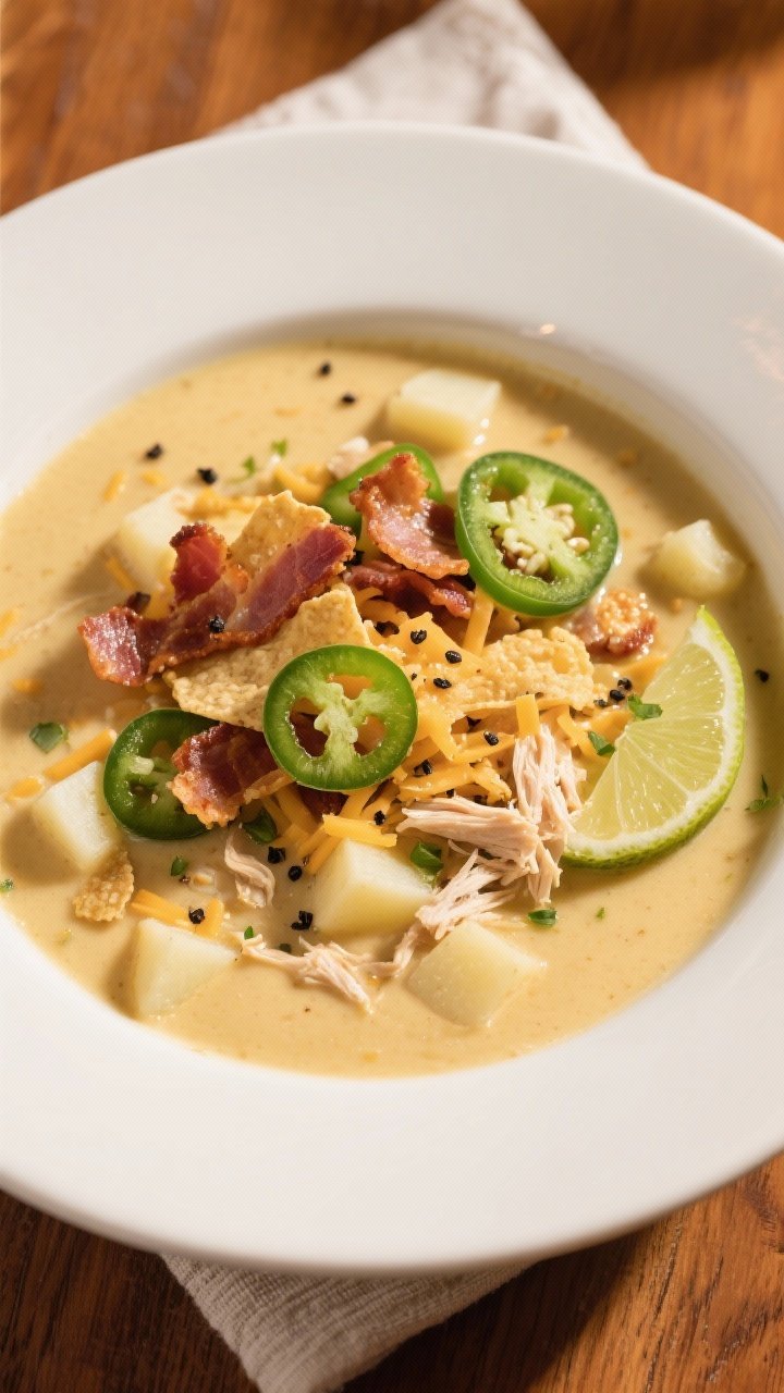 Final dish overhead: Jalapeño Popper Soup in a wide, matte white bowl—velvety, pale cheddar-gold