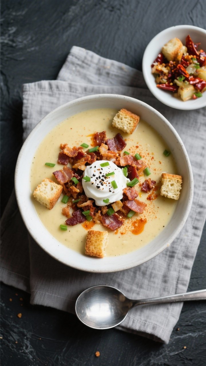 Final dish, overhead plated shot: Loaded potato soup presented in a wide, off-white bowl on a dark s