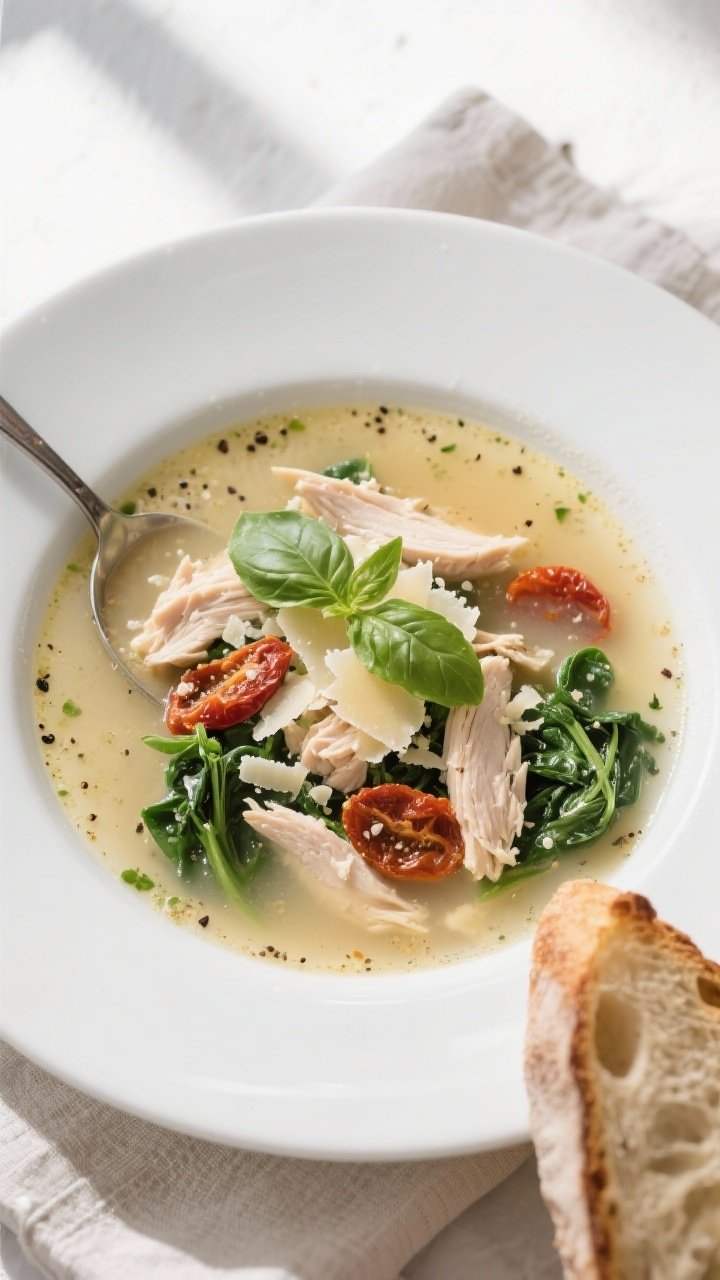 Final dish, tasty top view: Overhead shot of a ladled bowl of Marry Me Chicken Soup—creamy, pale-g