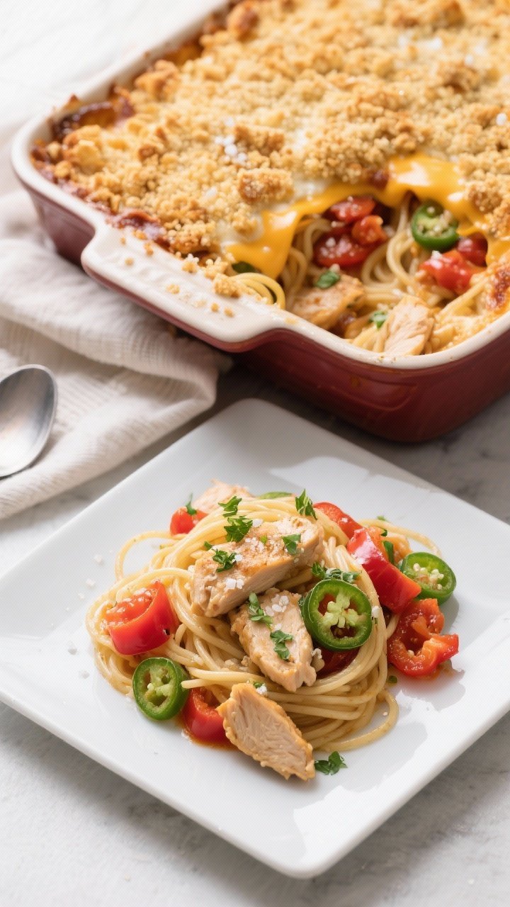 Final dish, tasty top view: Overhead shot of the baked Spicy Southern Chicken Spaghetti Casserole in