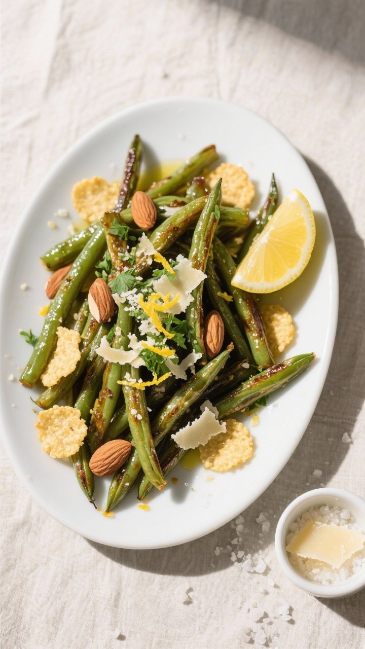 Final dish, tasty top view: Overhead shot of the finished roasted green beans piled casually on a ma