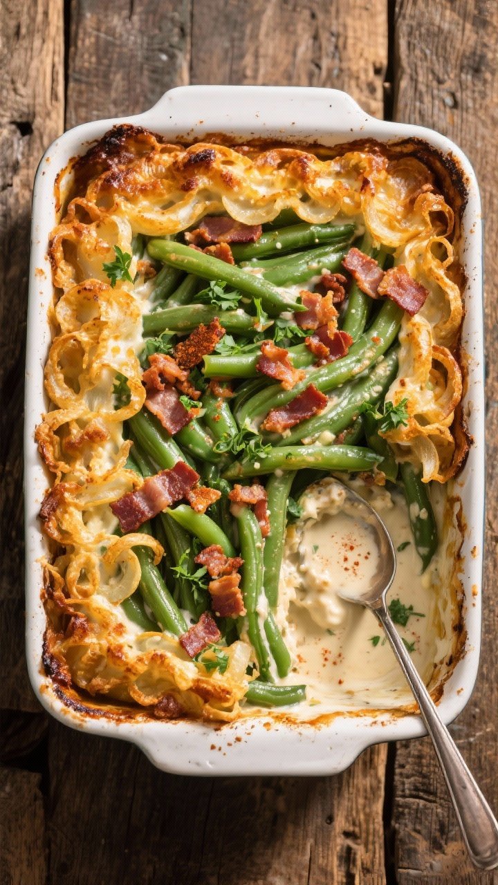 Final dish top view: Overhead shot of a bubbling Southern green bean casserole fresh from the oven i
