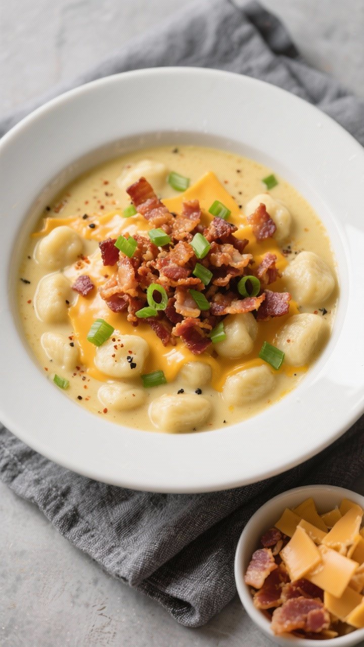 Final dish, top view: Overhead shot of a generous bowl of Bacon Cheddar Gnocchi Soup, ultra-creamy a