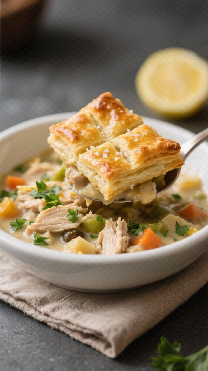 Final plated bowl of crockpot chicken pot pie with crisp “crust” topping: close-up, focusing on 