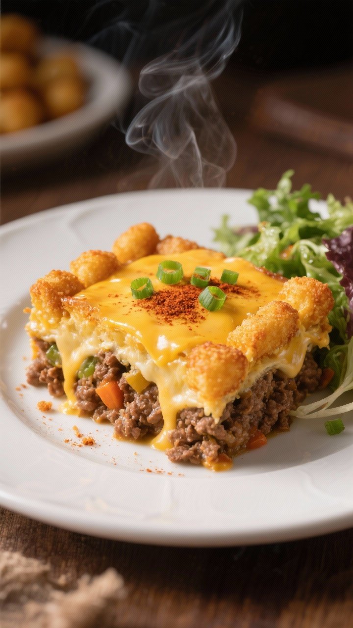 Final plated dish shot: A generous square of tater tot casserole served on a white ceramic plate, sh