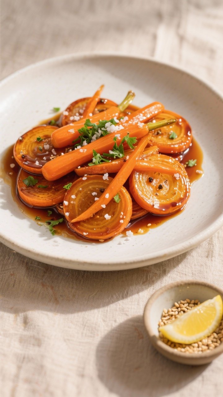 Final plated, overhead beauty: Shiny glazed carrot coins piled on a matte white shallow bowl, finish