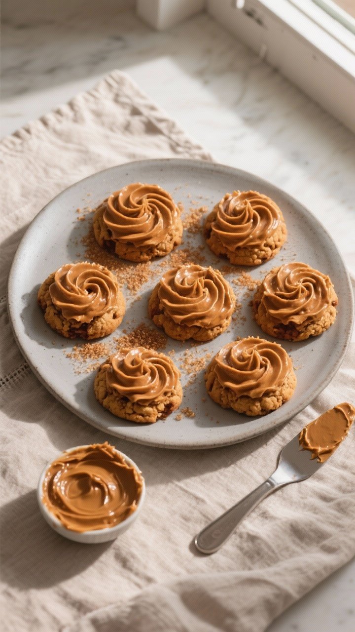 Final plated/top view: Overhead shot of pumpkin cookies generously swirled with glossy brown-butter 