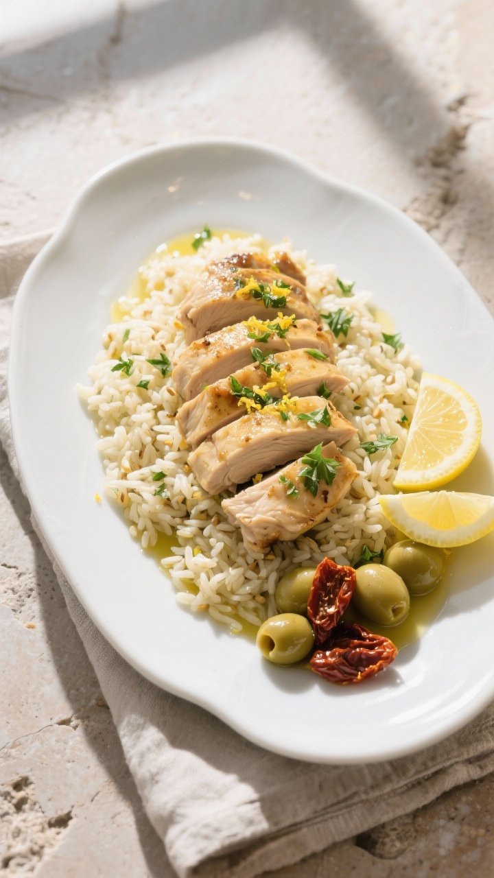 Overhead final plating of Lemon Herb Chicken and Rice on a wide white ceramic plate: sliced chicken 