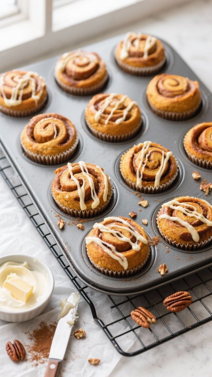 Overhead process shot of a muffin pan just out of the oven showing 12 Pumpkin Cinnamon Roll Muffins 