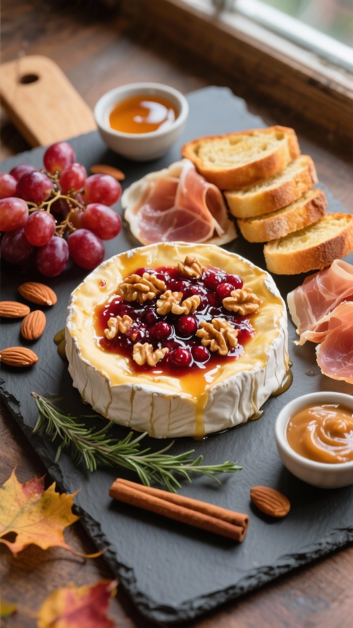 Overhead shot of the “Baked Brie Showstopper” board just after baking: a gooey wheel of brie ooz